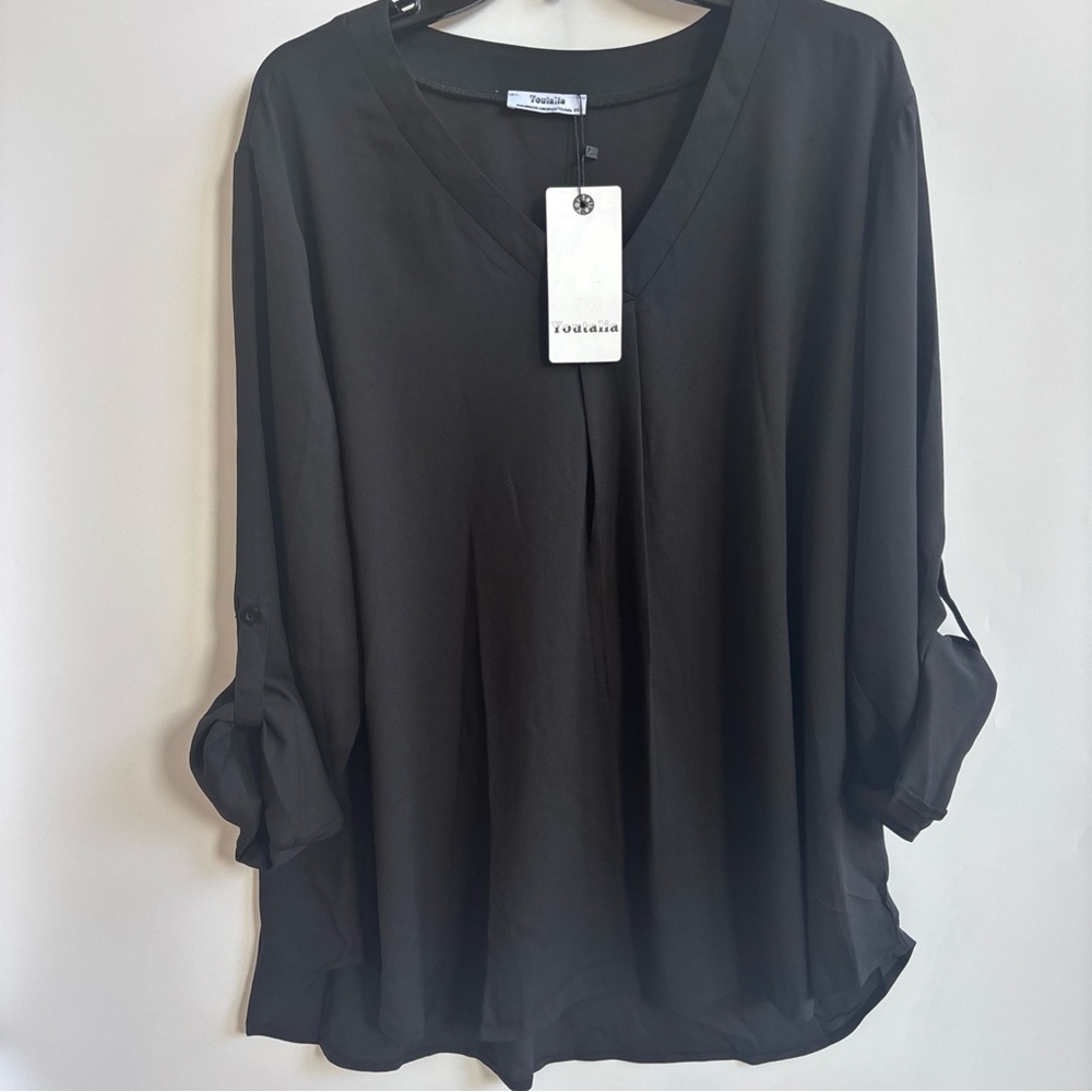 Youtalia Dressy Casual 3/4 Sleeve V Neck Chiffon Shirt Work Blouses, Black, XXL - Picture 5 of 8